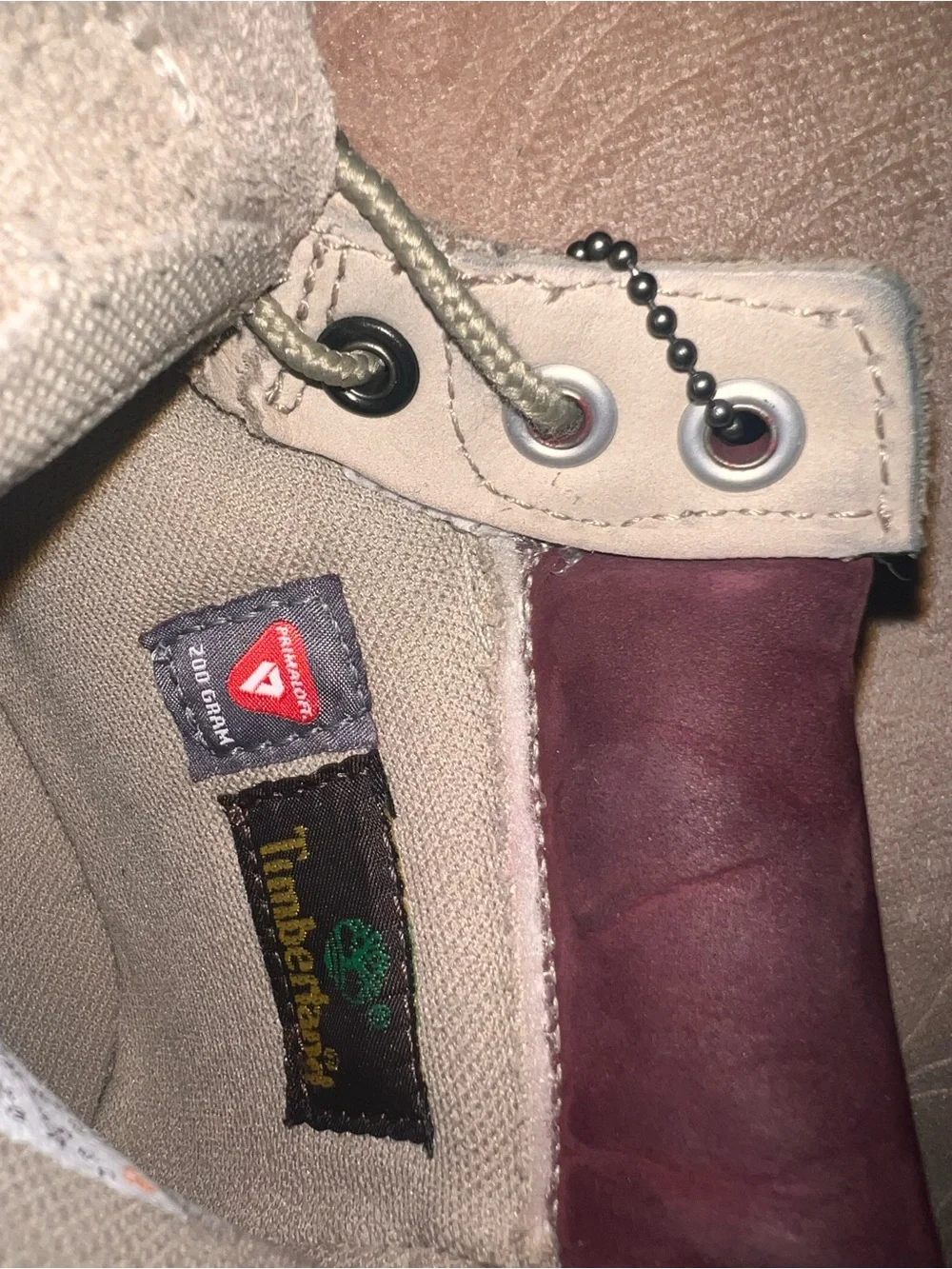 Kids size 13c Timberland Beige Boots with Maroon / Burgundy color Accents